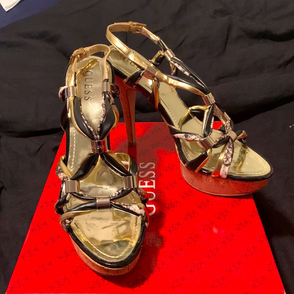GUES work once, Gold and snakeskin twist strappy heels